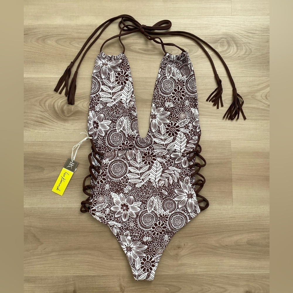 NEW LK High Tide One-Piece Swimsuit Brown & White Floral Small - Picture 8 of 11